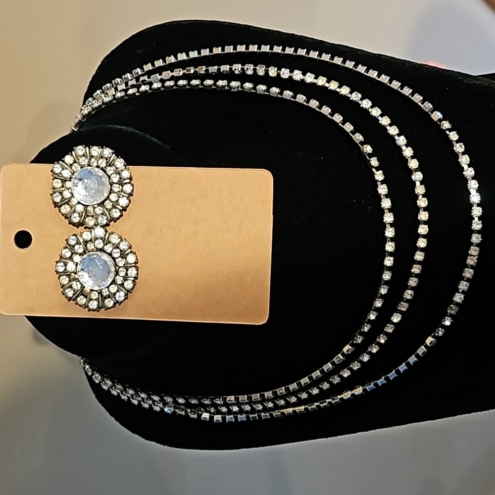Rhinestones galore. 1 necklace 35in 1 necklace 15in and 1 pair of earrings